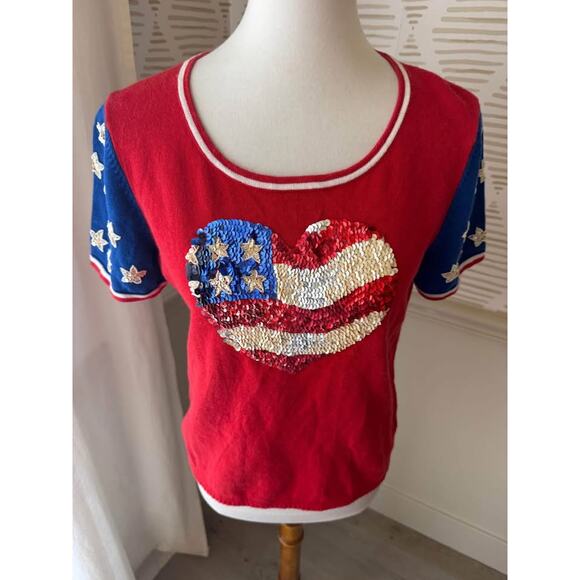 Emma Tricot Medium Patriotic American Flag Sequin Beaded Short Sleeve Shirt - Picture 8 of 8